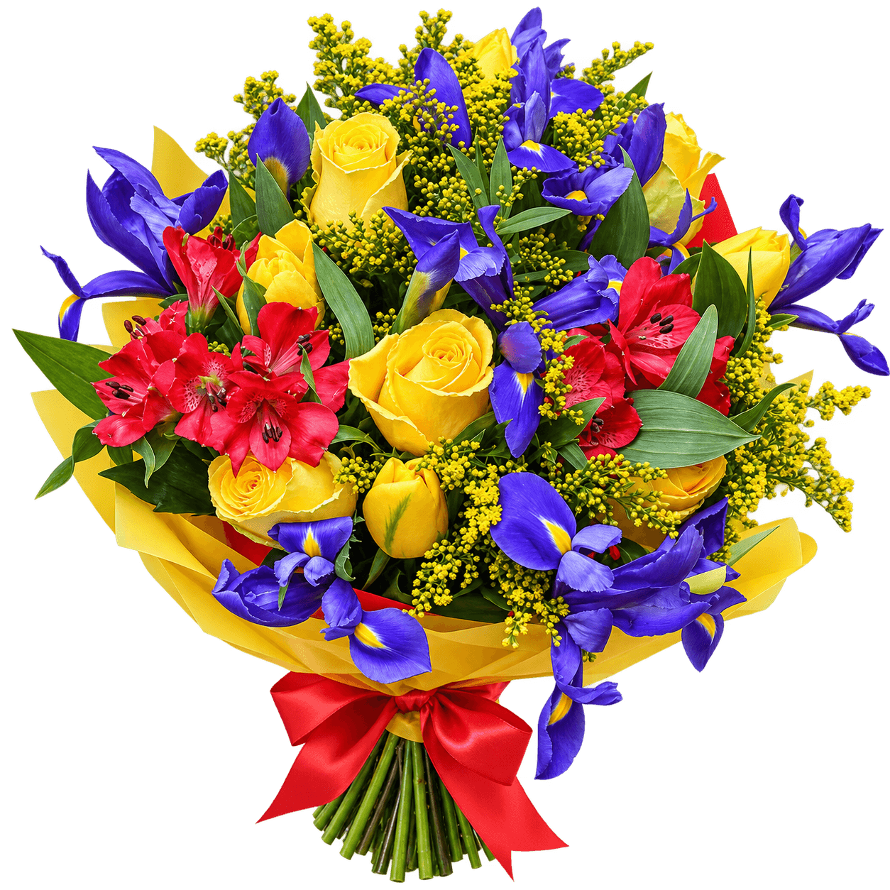 Strauß gelber Rosen mit Schwertlilien