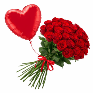 Raudonų rožių puokštė + širdies formos balionas